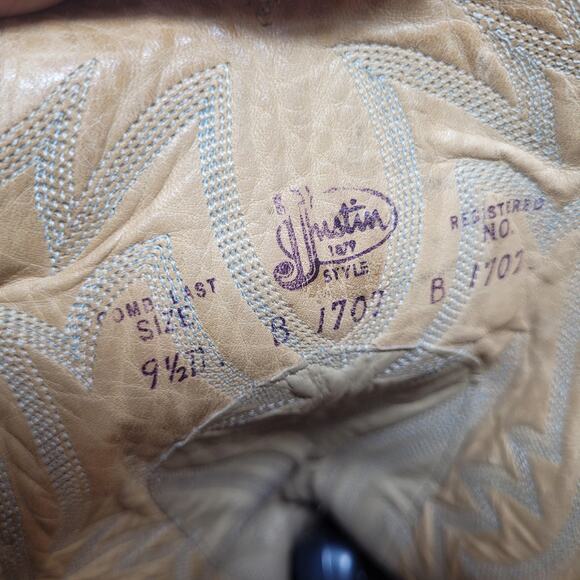 Vintage Justin Boots EXOTIC Mens 9.5D Beige Tan Leather Western Cowboy USA B1707 - Picture 13 of 15
